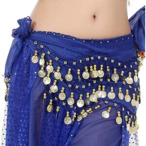 Women's Belly Dance Hip Scarf with 128 Gold Coins Blue Skirt for Zumba or Yoga